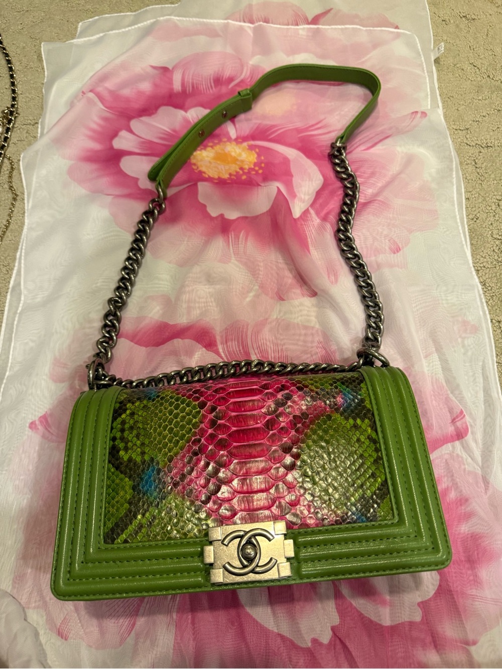 Green and Pink Python Boy Bag